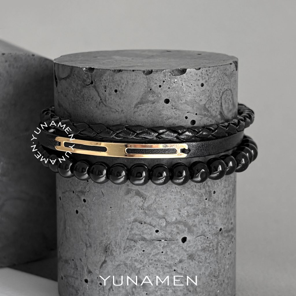 yunamen-leather-gold-bracelet-Y177BL-1 دستبند مردانه چرم، بافت و سنگ مشکی و طلا Y177