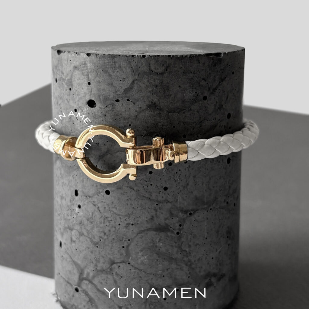 Yunamen-leather-gold-bracelet-Y188-1 دستبند چرم و طلا اومگا سفید مردانه Y188
